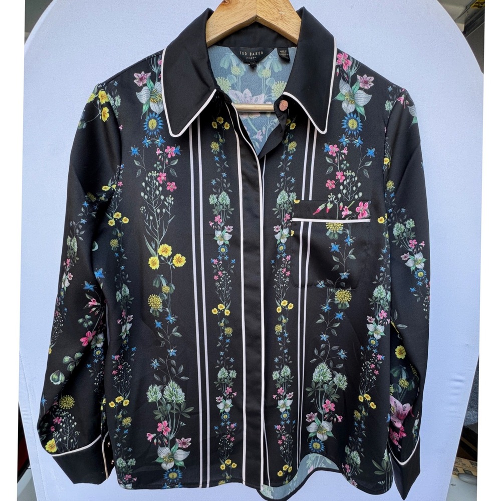 Ted Baker Lottu Photographic Floral Button Down Shirt/PJ  Black Size 3 US 8